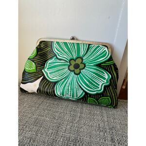 Vintage 1960s–70s Green Floral Clutch – Mod Graphic Print Kisslock Bag